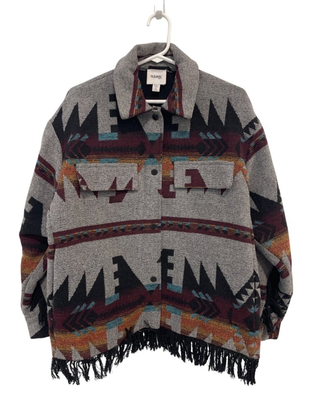 Shero Western Jacket Small Aztec Snap Front Fringe Hem Gray Tribal Southwestern
